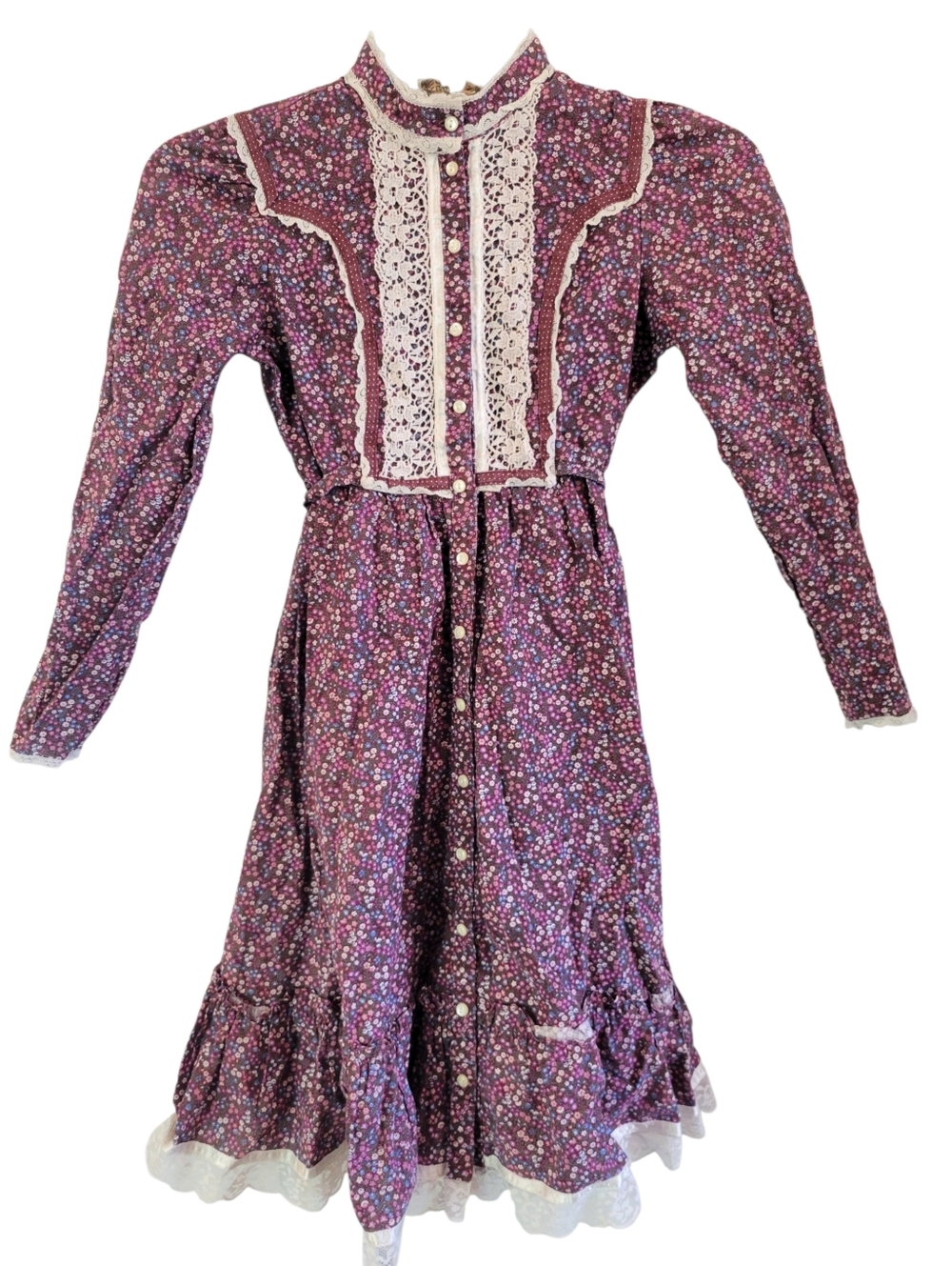 Vintage Gunne Sax Purple Mini Floral Print Lace Trim Long Sleeve Prairie Dress
